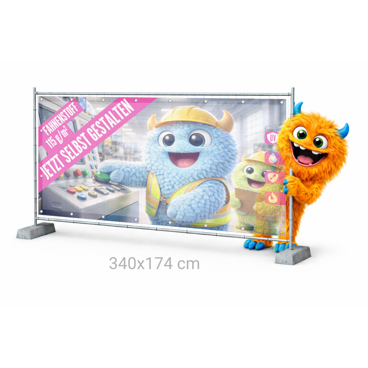 Bauzaunbanner 340 x 174 cm Fahnenstoff 115g B1