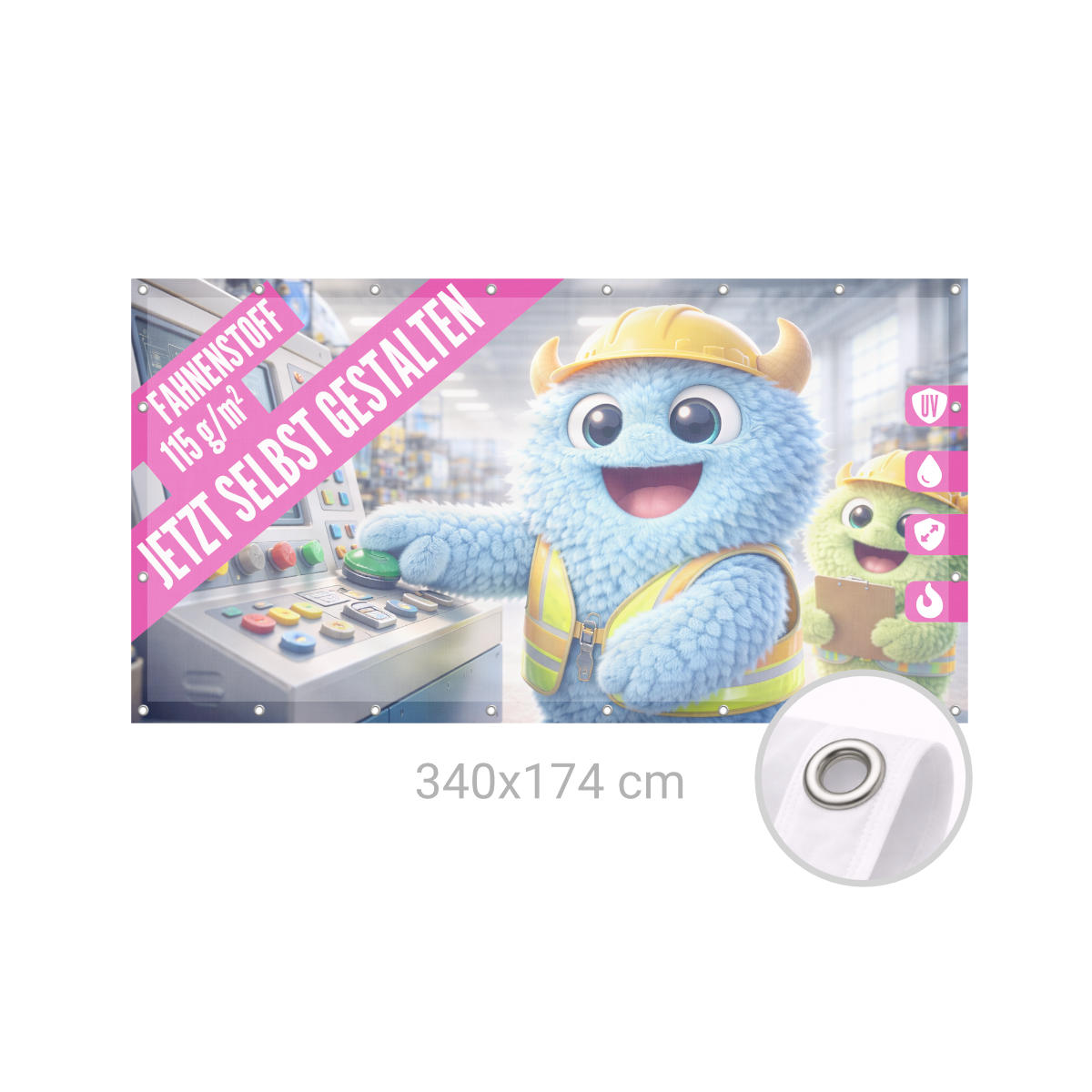 Bauzaunbanner 340 x 174 cm Fahnenstoff 115g B1