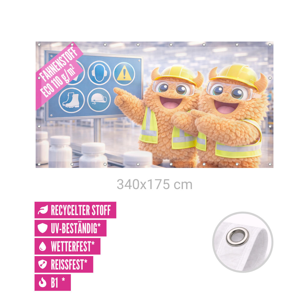 Bauzaunbanner 340 x 175 cm Fahnenstoff 115g B1