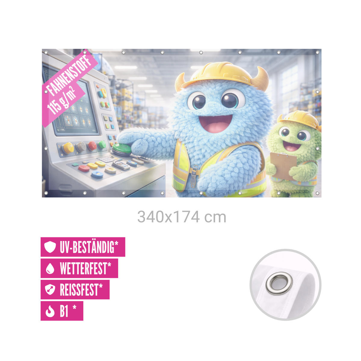 Bauzaunbanner 340 x 174 cm Fahnenstoff 115g B1