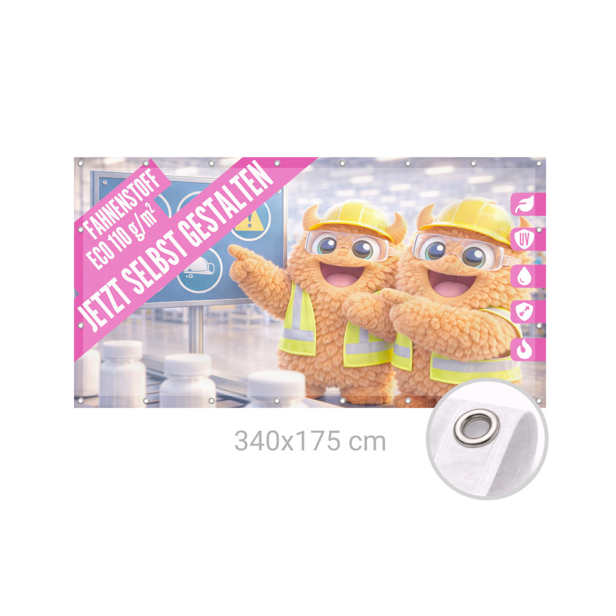 Bauzaunbanner 340 x 175 cm Fahnenstoff 115g B1